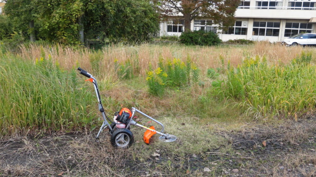 まるまる撮影で使える学校スタジオの庭の草刈り・雑草駆除・草刈り機