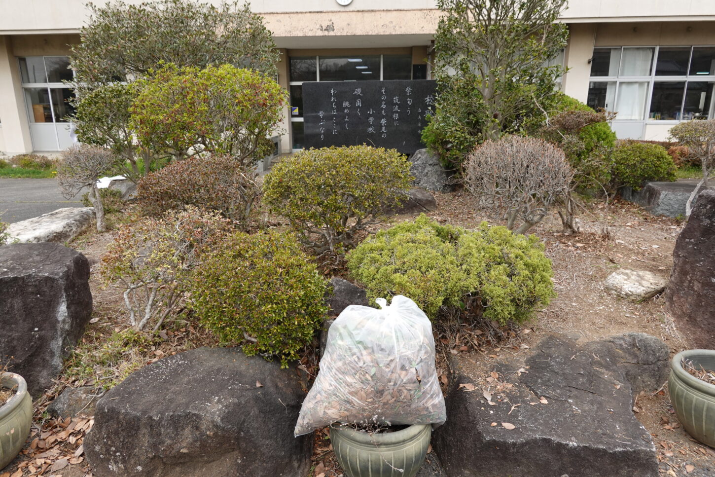 学校スタジオ・正面玄関前・重要ポイント・草刈・整地・撮影イメージポイント