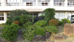 まるごと撮影で使える学校スタジオ・正面玄関前・植木・校歌石碑・雑草駆除・メンテナンス